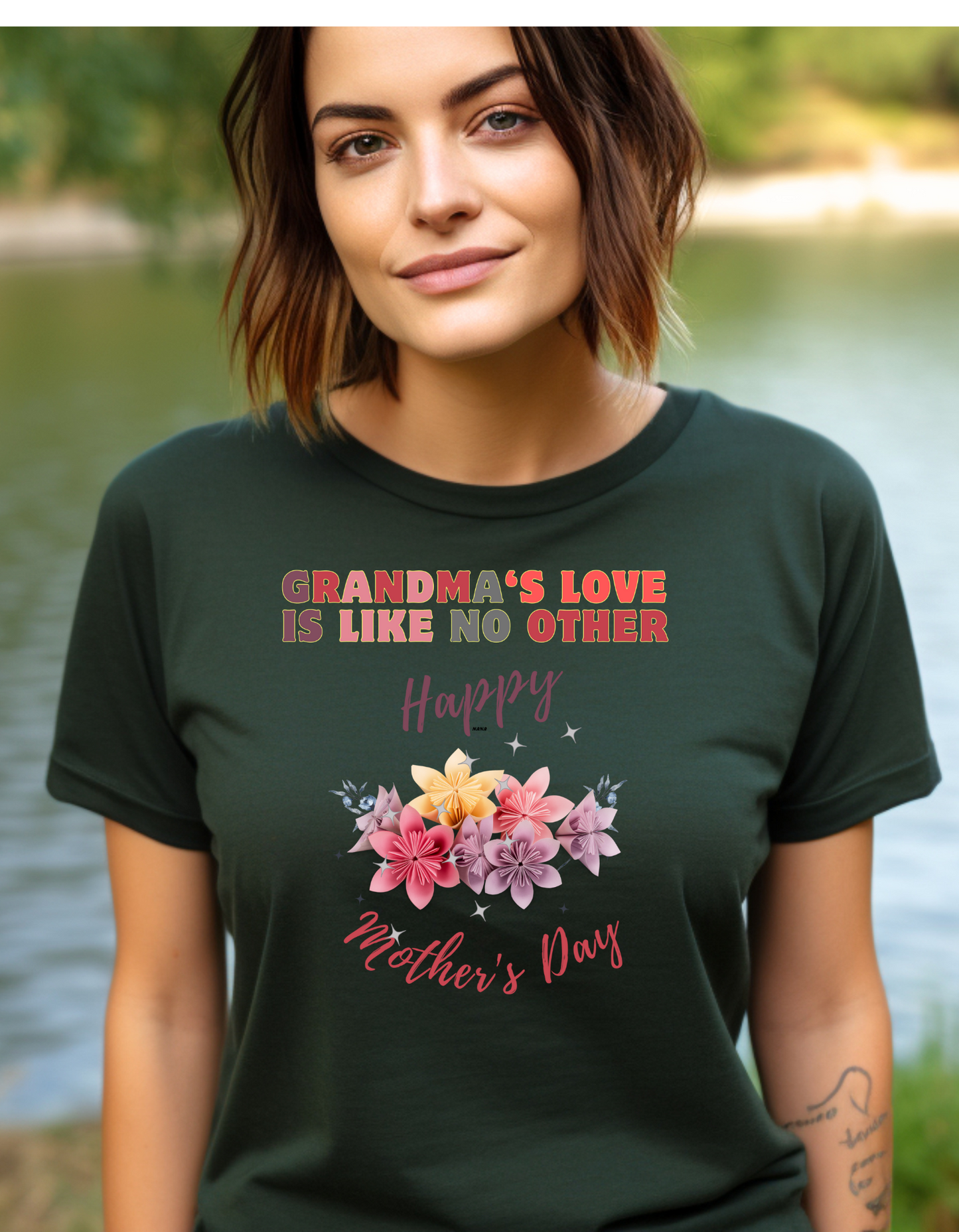 Looking for a heartfelt Mother's Day gift for Grandma? Our "Grandma's Love is like no other" t-shirt with a bouquet of flowers is perfect.