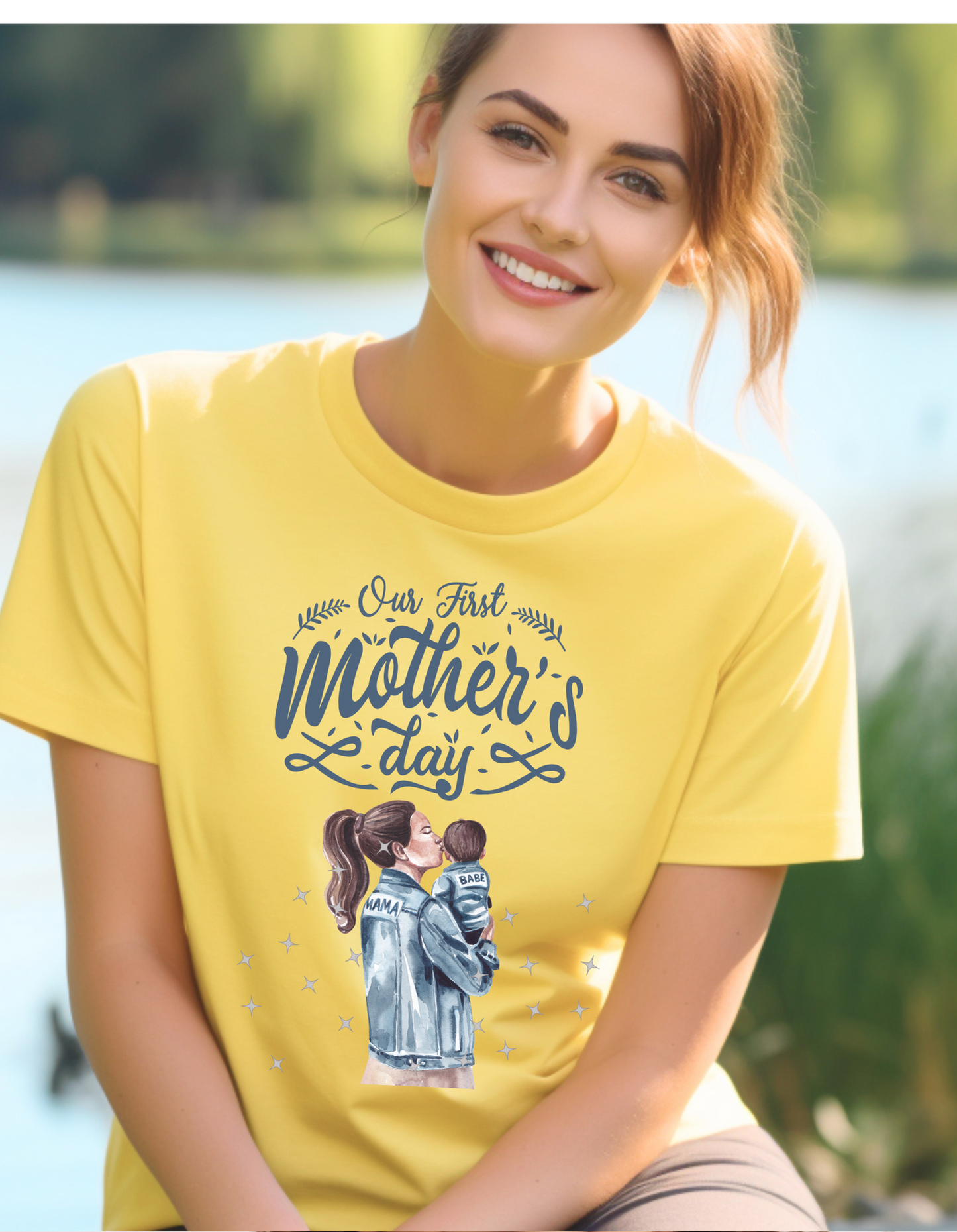 Celebrate your first Mother's Day with our adorable mother and baby boy t-shirt. with a heartwarming "Mama babe" design in serene blue tones