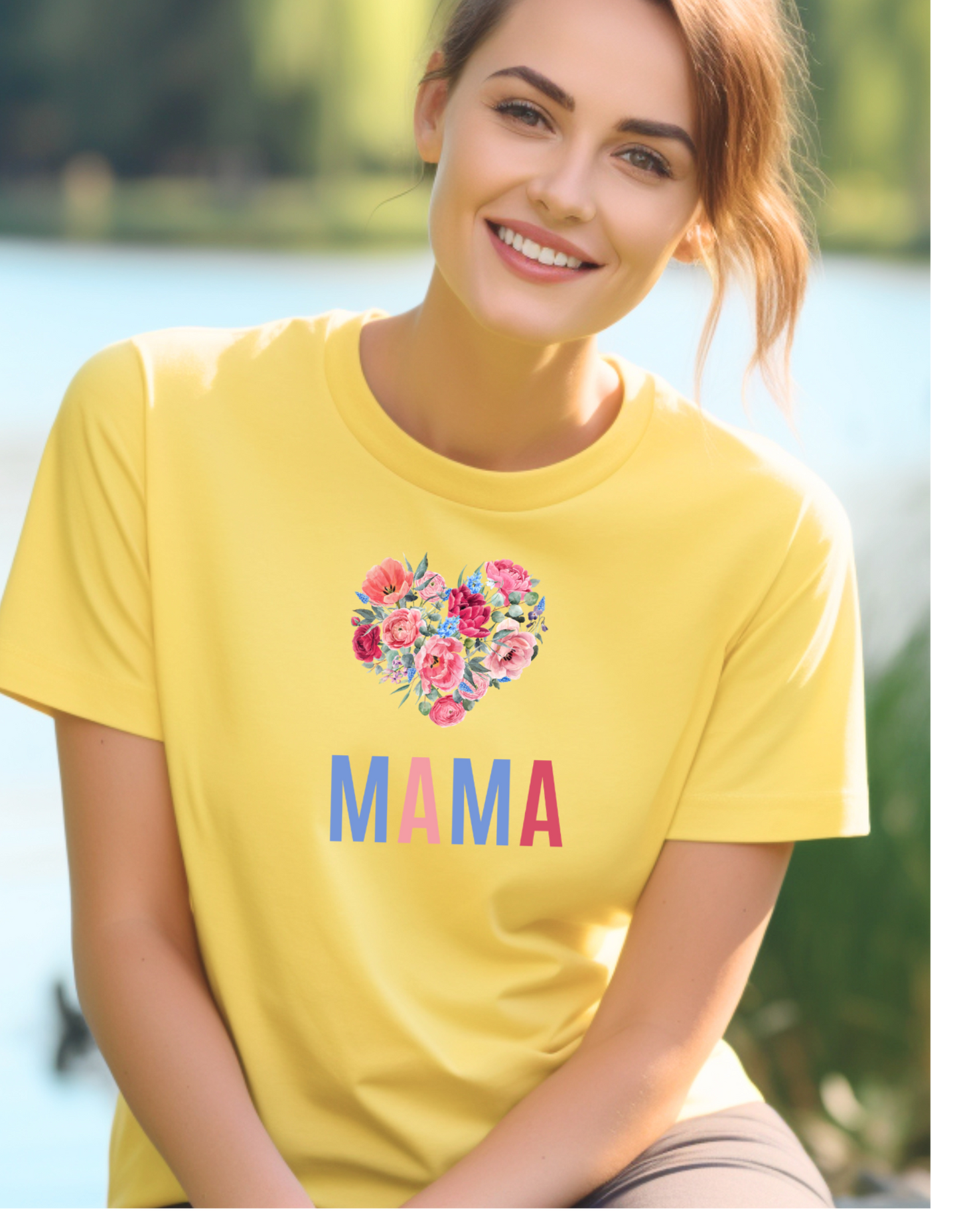 Celebrate Mother's Day with our vibrant "MAMA" t-shirt featuring colorful fonts and a heart-shaped bouquet of flowers. Perfect gift for mom.