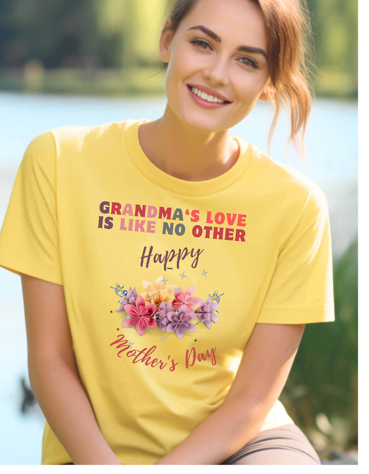Looking for a heartfelt Mother's Day gift for Grandma? Our "Grandma's Love is like no other" t-shirt with a bouquet of flowers is perfect.