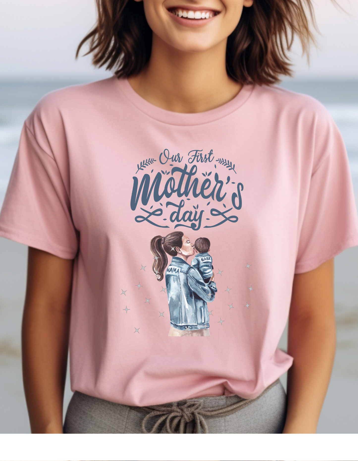 Celebrate your first Mother's Day with our adorable mother and baby boy t-shirt. with a heartwarming "Mama babe" design in serene blue tones