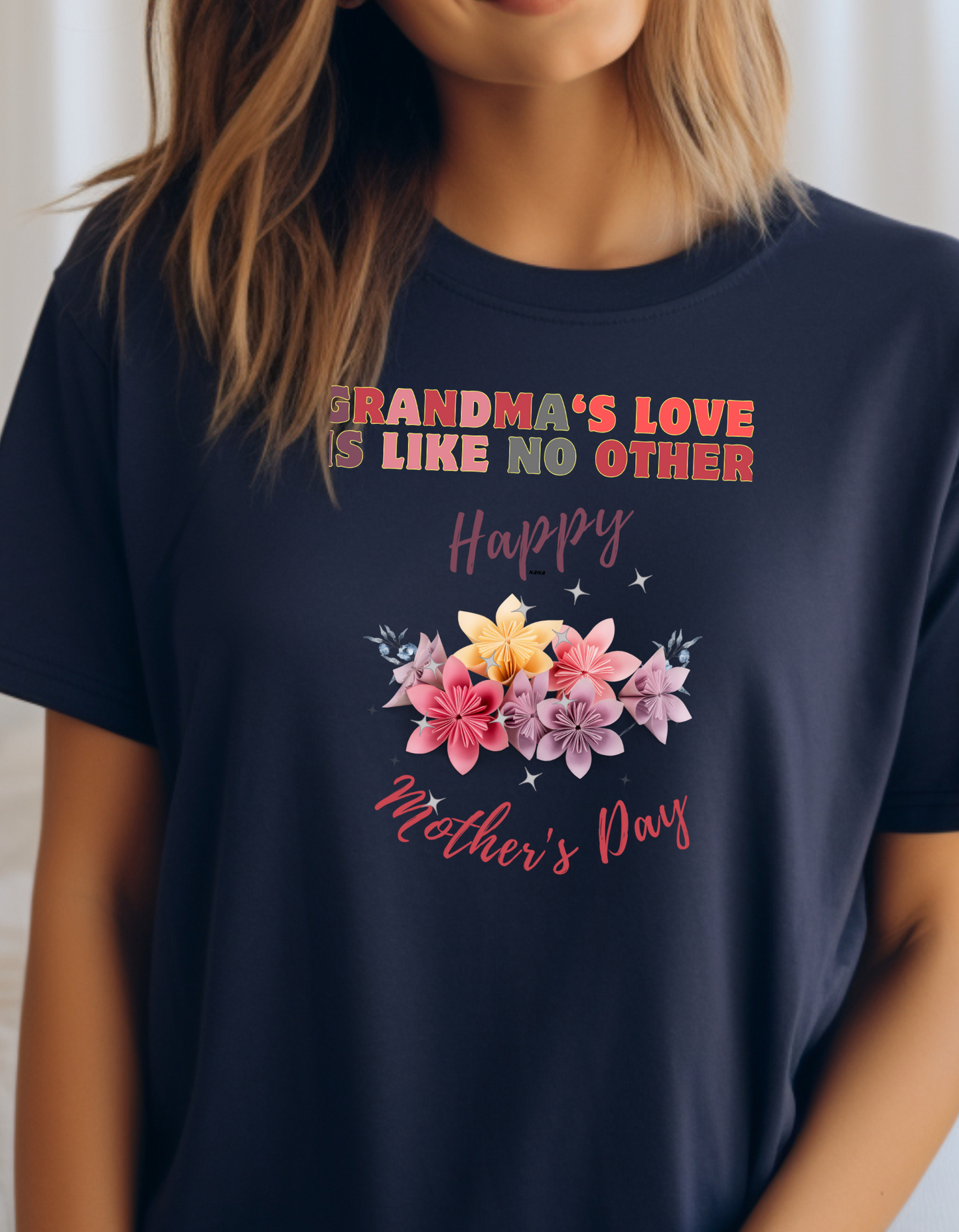 Looking for a heartfelt Mother's Day gift for Grandma? Our "Grandma's Love is like no other" t-shirt with a bouquet of flowers is perfect.
