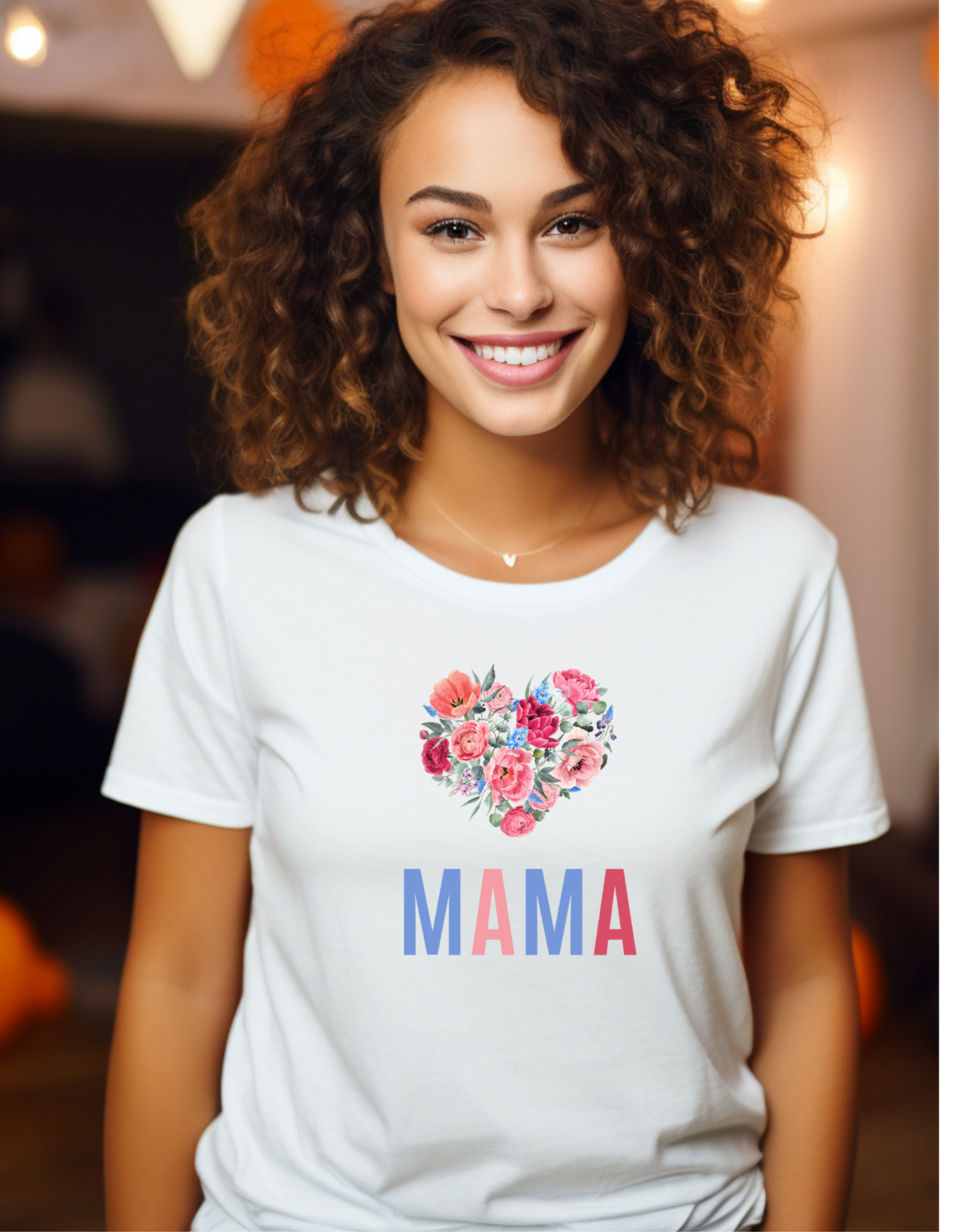 Celebrate Mother's Day with our vibrant "MAMA" t-shirt featuring colorful fonts and a heart-shaped bouquet of flowers. Perfect gift for mom.