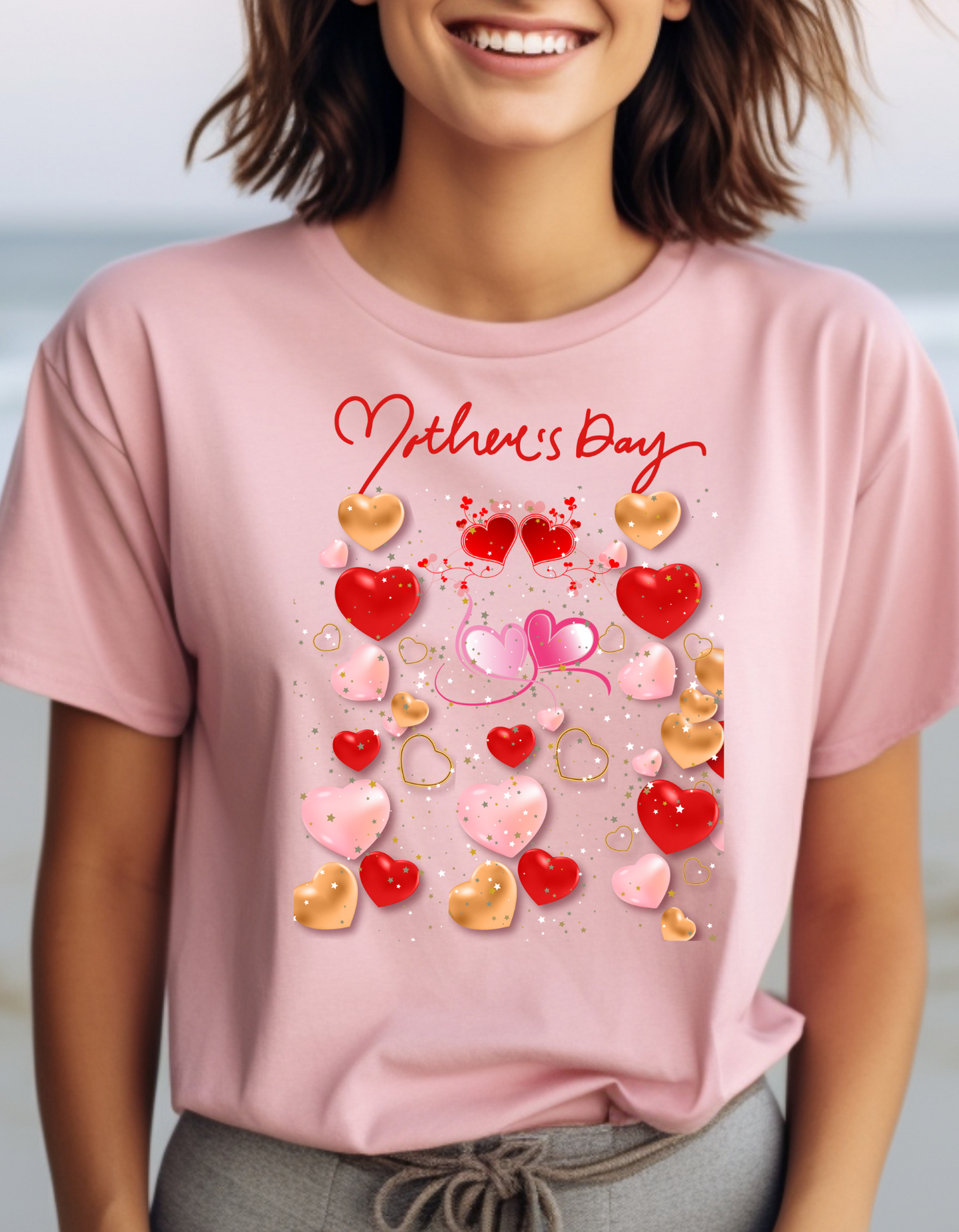 Celebrate Mother's Day in style with our adorable Mother's Day t-shirt! Featuring colorful hearts in different sizes, perfect gift for Mom.