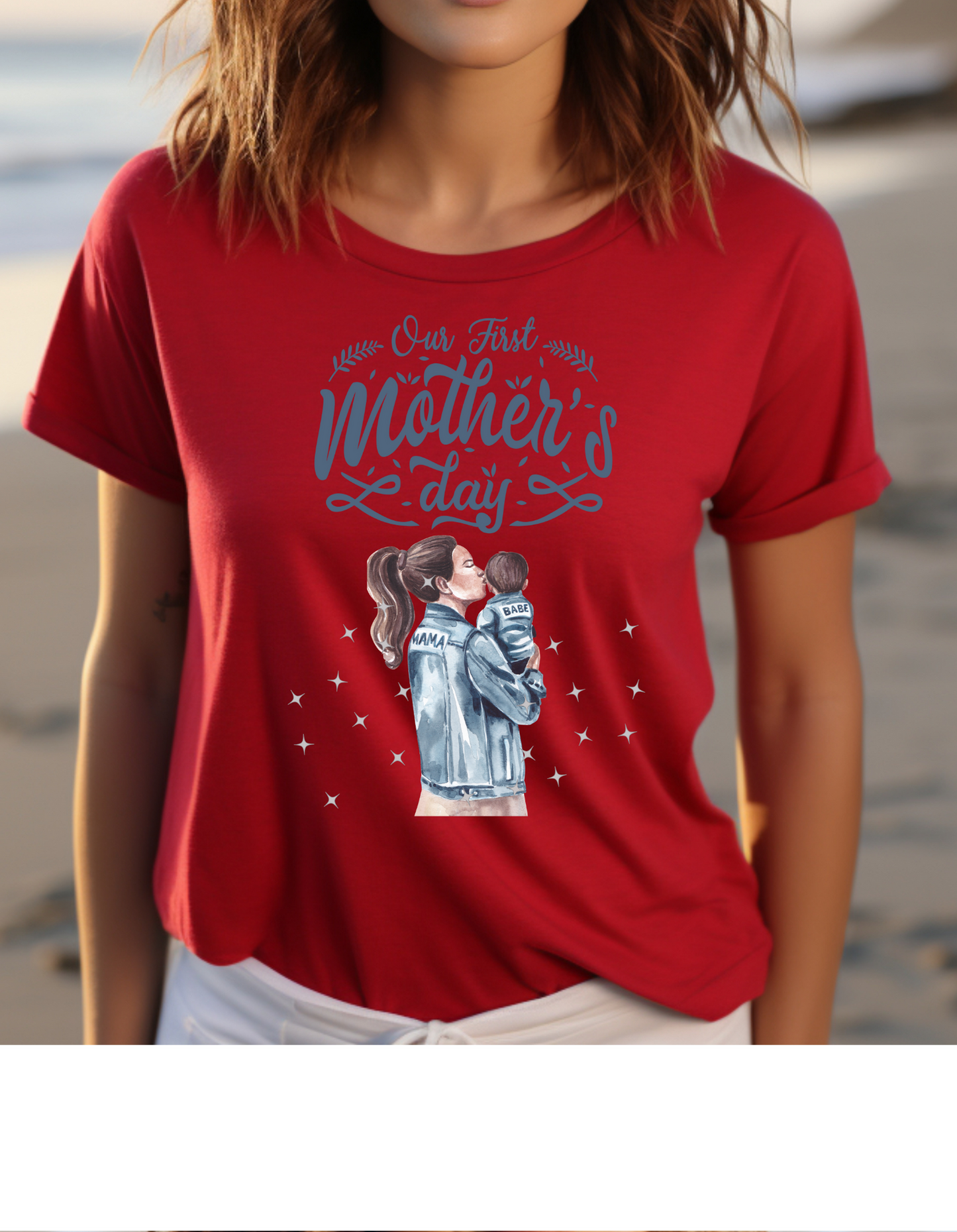 Celebrate your first Mother's Day with our adorable mother and baby boy t-shirt. with a heartwarming "Mama babe" design in serene blue tones