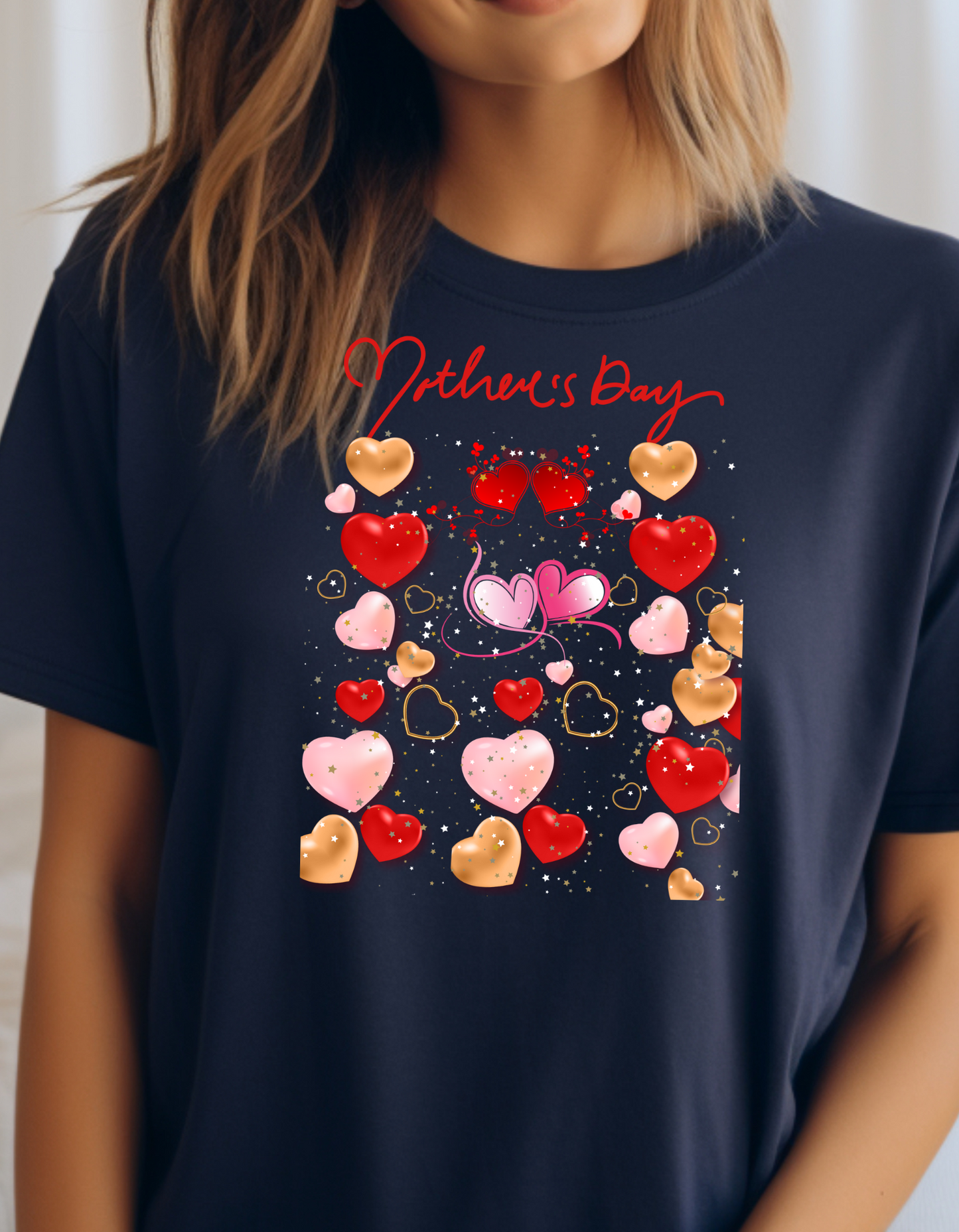 Celebrate Mother's Day in style with our adorable Mother's Day t-shirt! Featuring colorful hearts in different sizes, perfect gift for Mom.