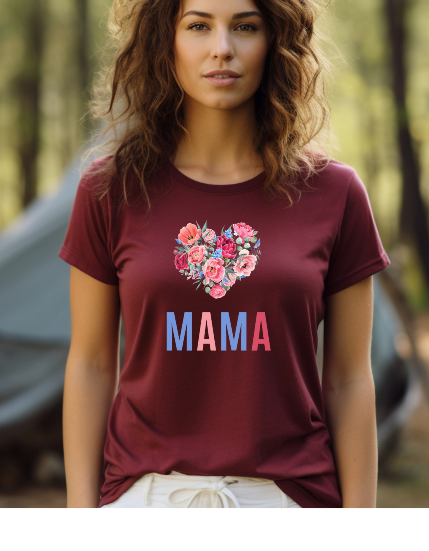 Celebrate Mother's Day with our vibrant "MAMA" t-shirt featuring colorful fonts and a heart-shaped bouquet of flowers. Perfect gift for mom.