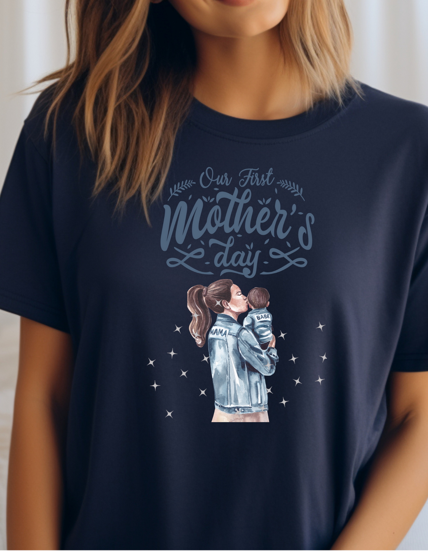 Celebrate your first Mother's Day with our adorable mother and baby boy t-shirt. with a heartwarming "Mama babe" design in serene blue tones