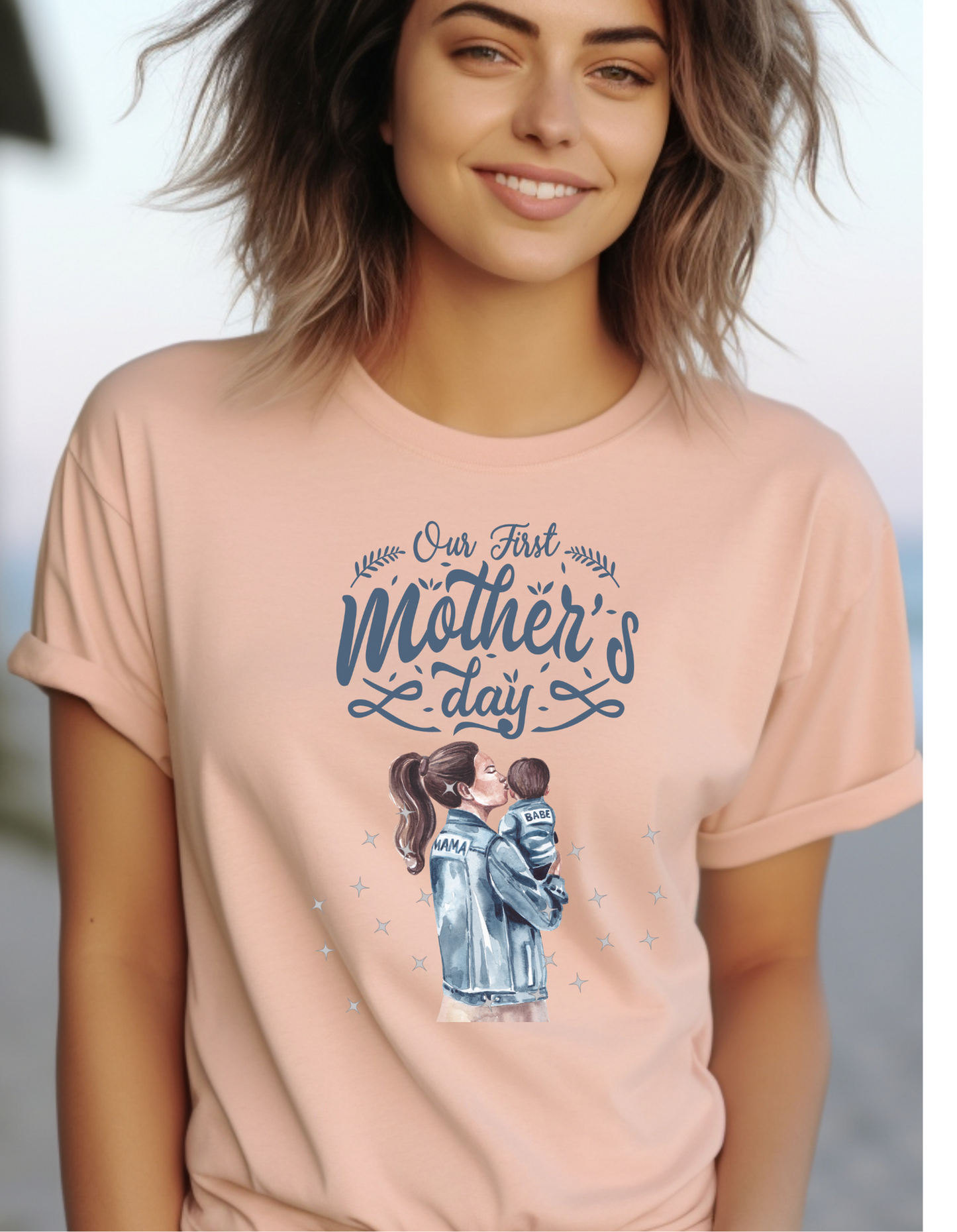 Celebrate your first Mother's Day with our adorable mother and baby boy t-shirt. with a heartwarming "Mama babe" design in serene blue tones