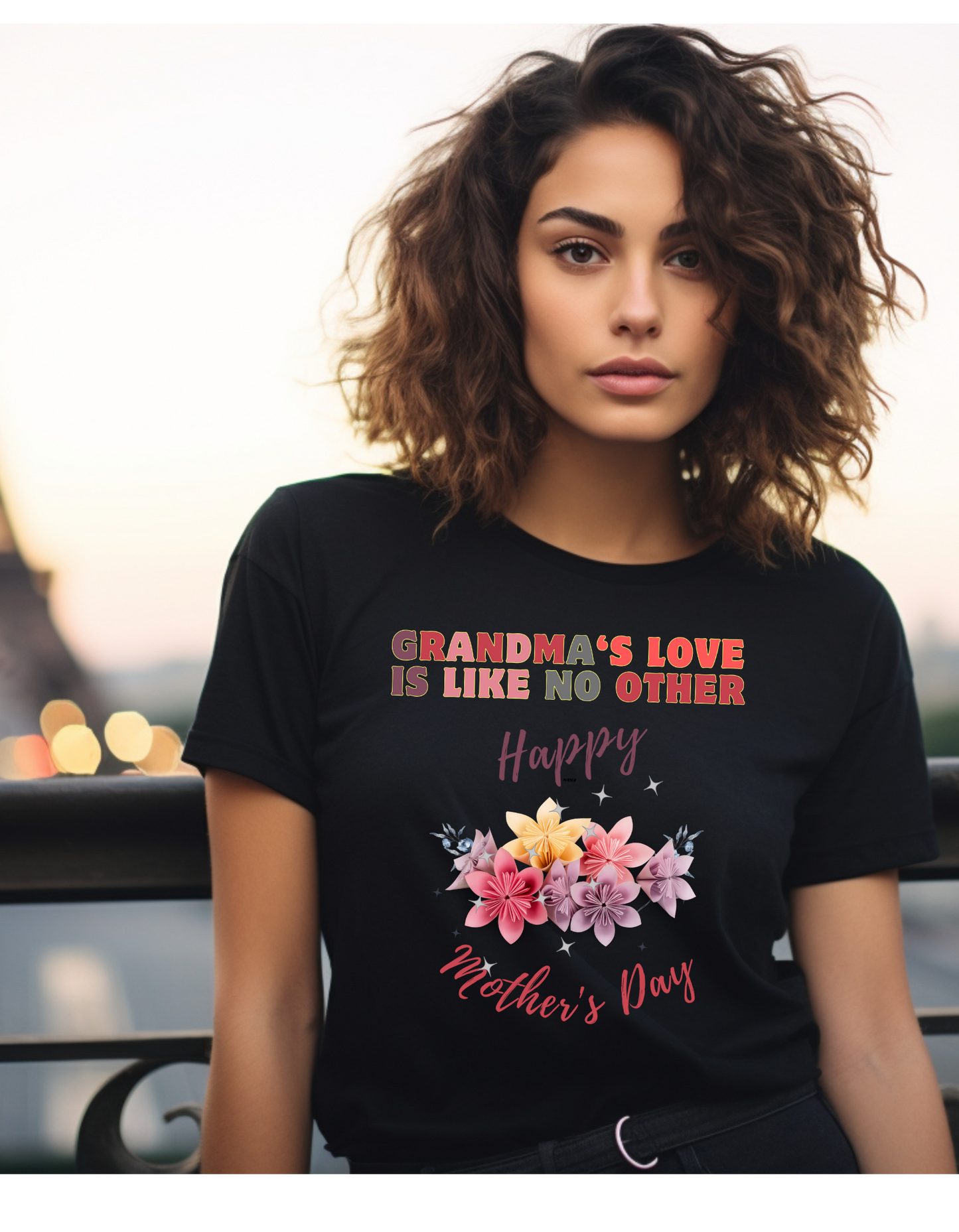 Looking for a heartfelt Mother's Day gift for Grandma? Our "Grandma's Love is like no other" t-shirt with a bouquet of flowers is perfect.