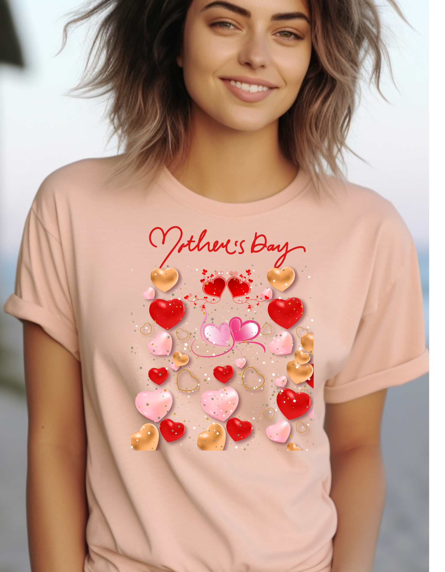 Celebrate Mother's Day in style with our adorable Mother's Day t-shirt! Featuring colorful hearts in different sizes, perfect gift for Mom.