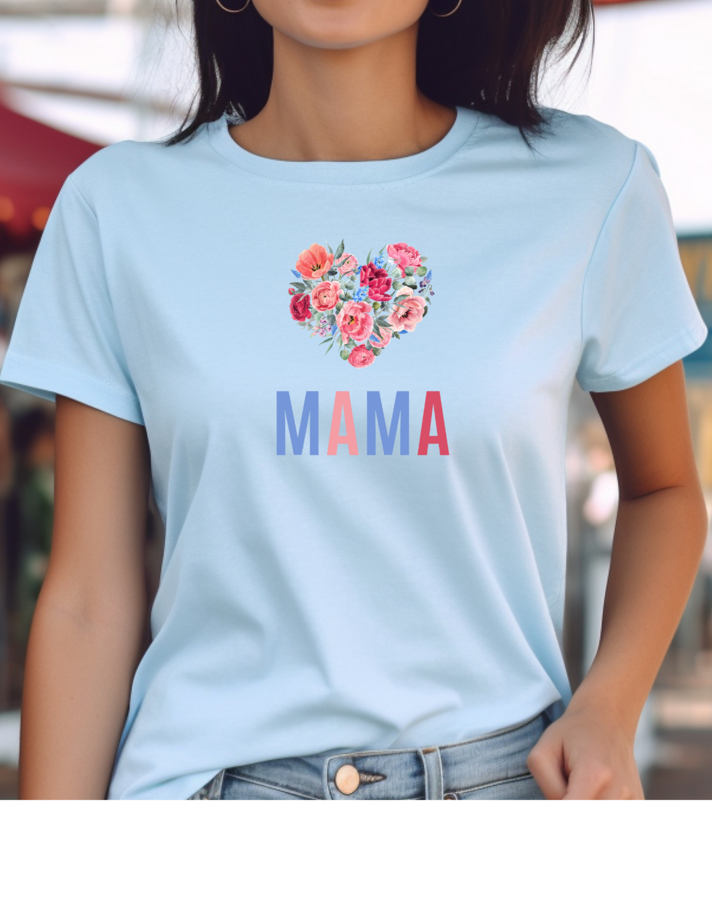 Celebrate Mother's Day with our vibrant "MAMA" t-shirt featuring colorful fonts and a heart-shaped bouquet of flowers. Perfect gift for mom.