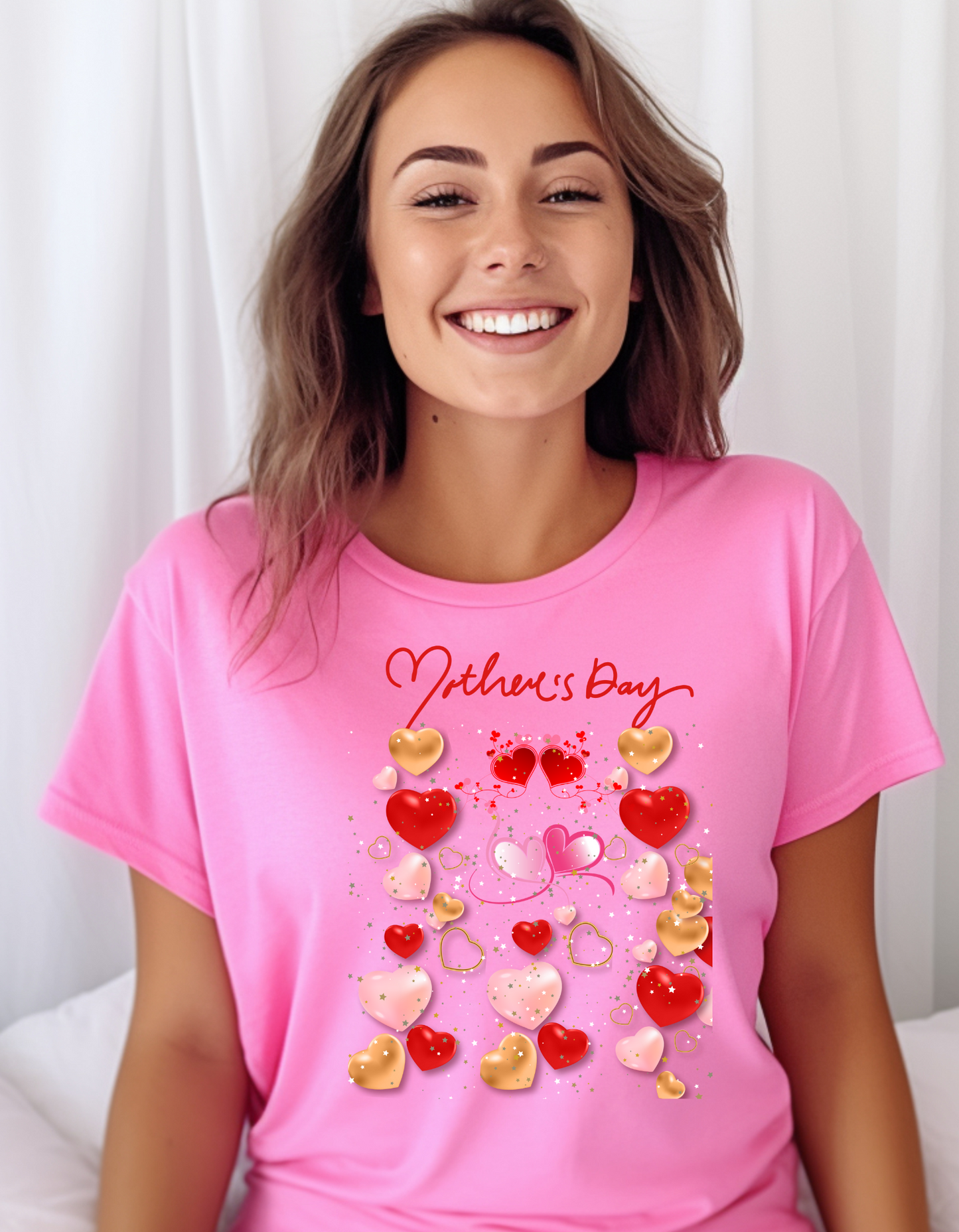 Celebrate Mother's Day in style with our adorable Mother's Day t-shirt! Featuring colorful hearts in different sizes, perfect gift for Mom.
