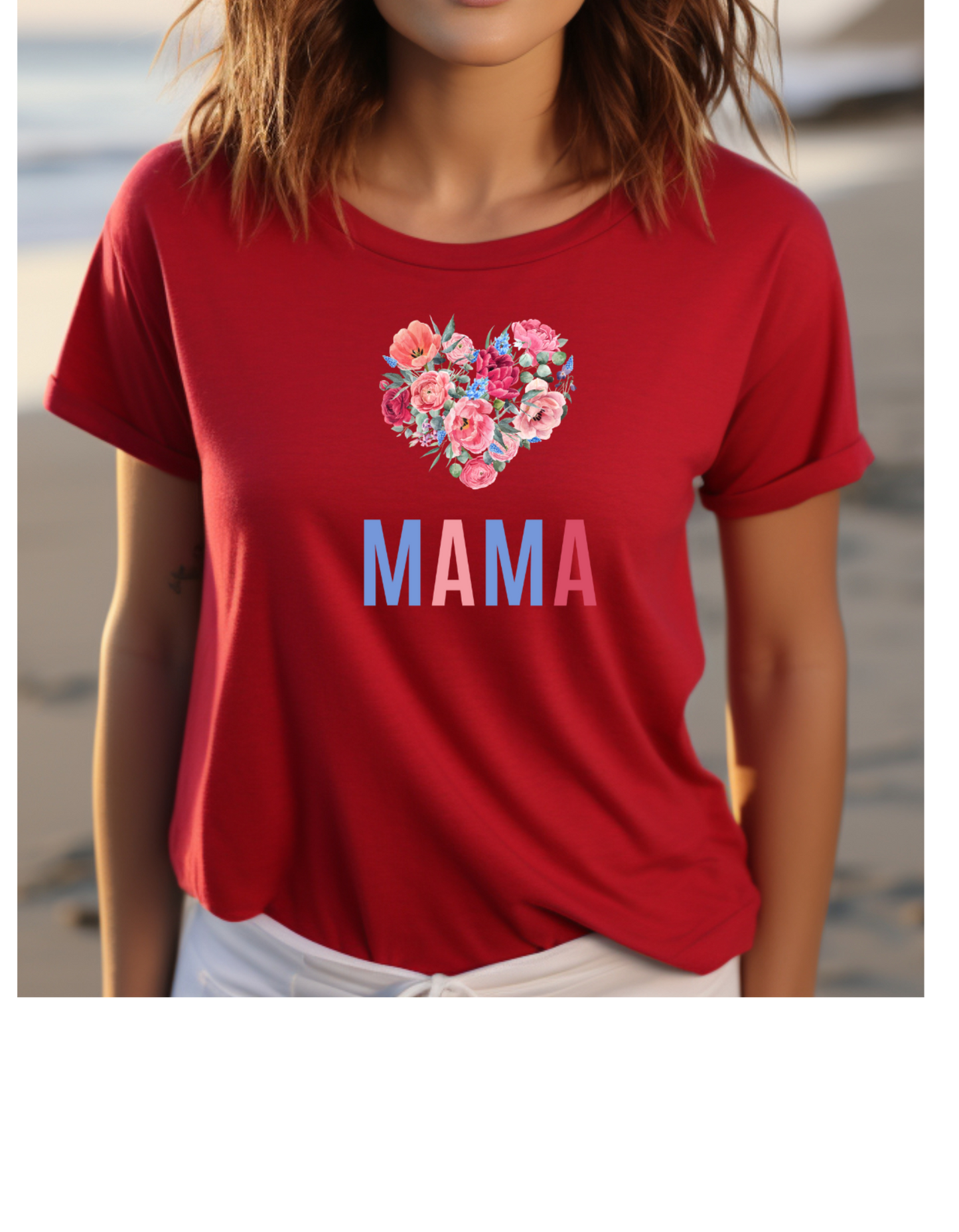Celebrate Mother's Day with our vibrant "MAMA" t-shirt featuring colorful fonts and a heart-shaped bouquet of flowers. Perfect gift for mom.