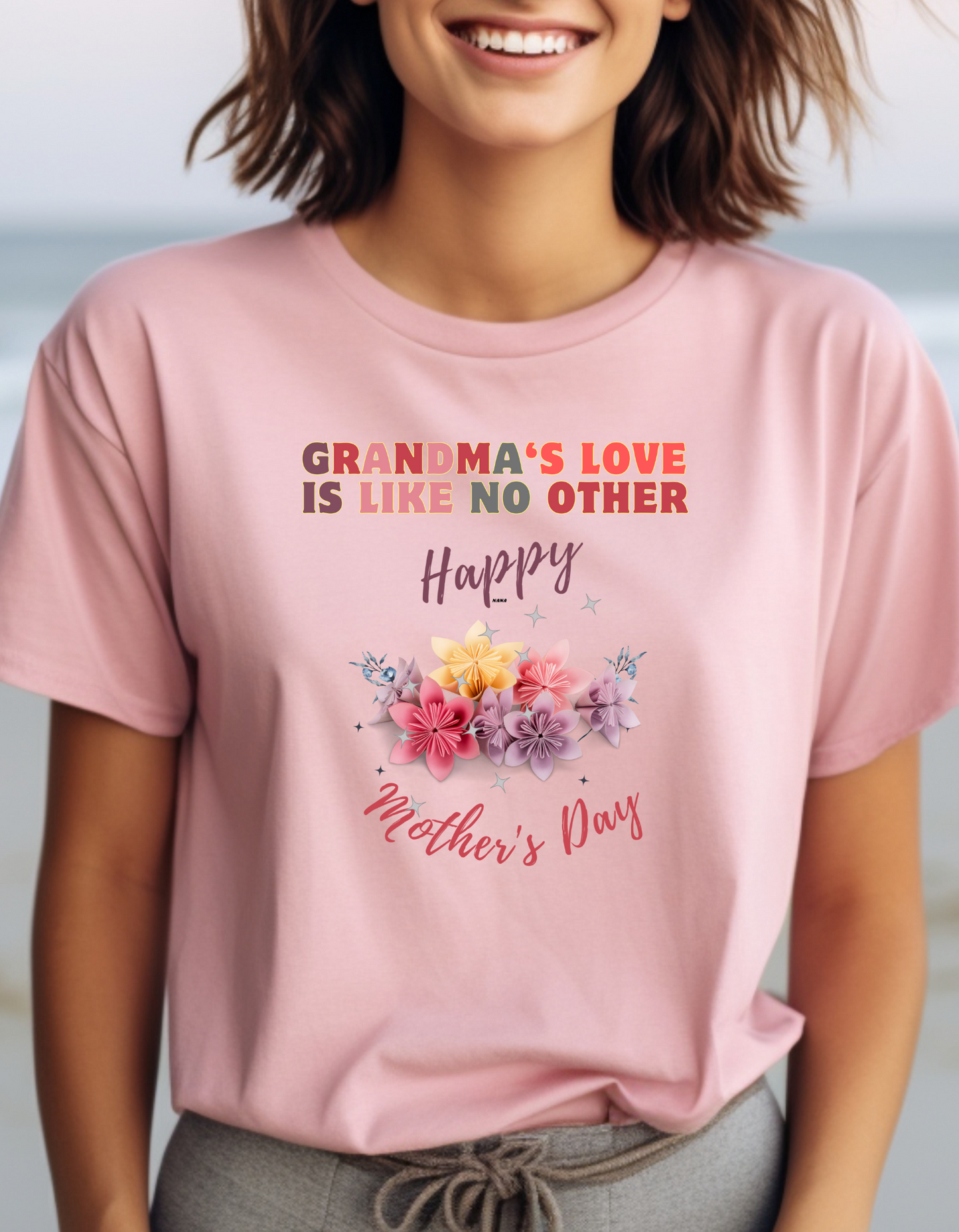 Looking for a heartfelt Mother's Day gift for Grandma? Our "Grandma's Love is like no other" t-shirt with a bouquet of flowers is perfect.