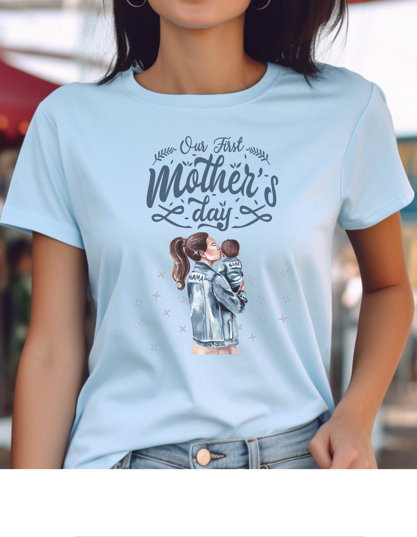 Celebrate your first Mother's Day with our adorable mother and baby boy t-shirt. with a heartwarming "Mama babe" design in serene blue tones