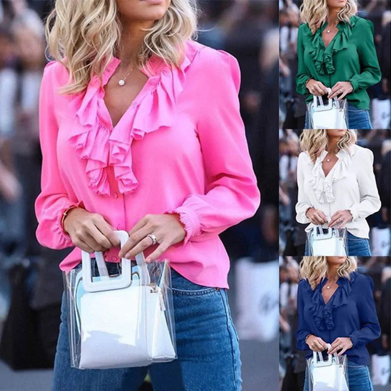 Elegant Chiffon Ruffle V-Neck Blouse - Long Sleeve Casual Top