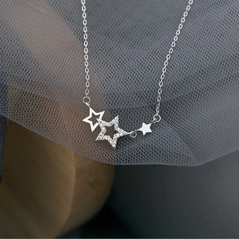 Celestial Elegant Silver Color Inlaid Zircon Star Necklaces