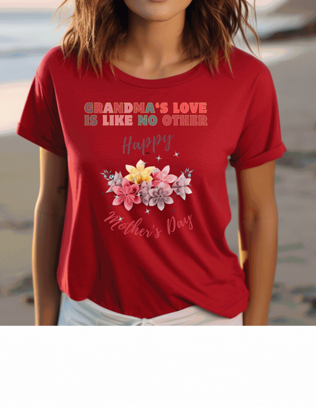 Looking for a heartfelt Mother's Day gift for Grandma? Our "Grandma's Love is like no other" t-shirt with a bouquet of flowers is perfect.