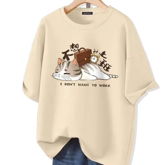 I Don't Want to Work Kawaii Cat Graphic Oversized Cotton T-Shirt for Summer