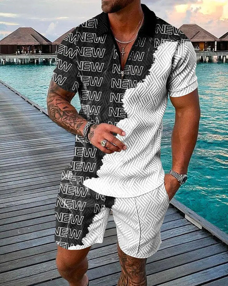 Men's Casual 3D Printed Polo Shirt and Shorts Set