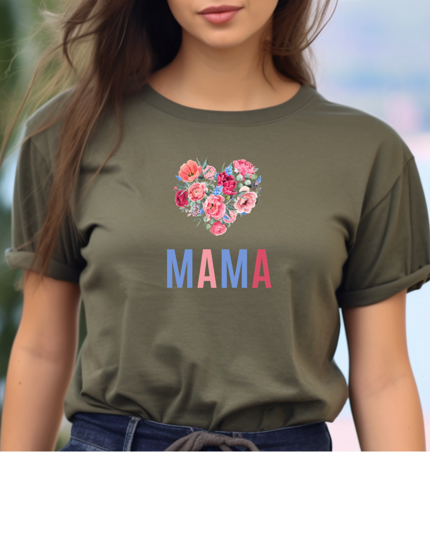 Celebrate Mother's Day with our vibrant "MAMA" t-shirt featuring colorful fonts and a heart-shaped bouquet of flowers. Perfect gift for mom.