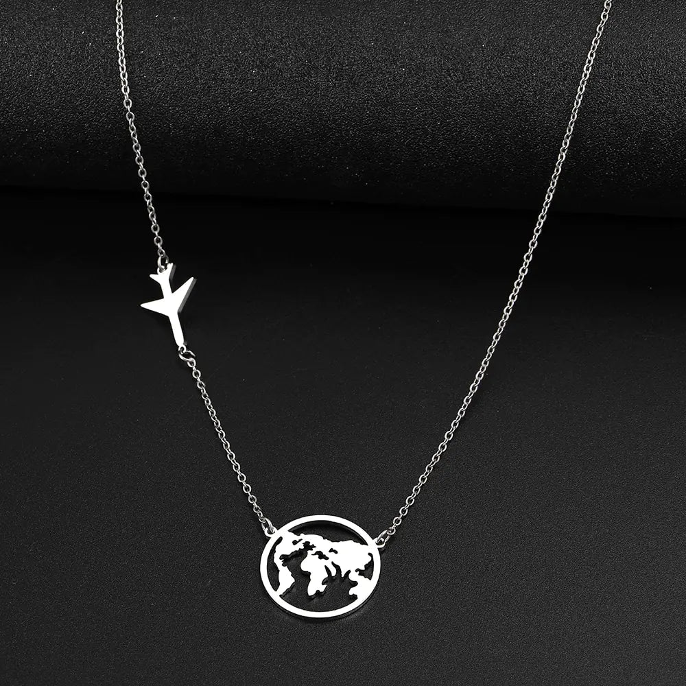 Stainless Steel Necklaces Airplane Globe Map Traveler Pendants
