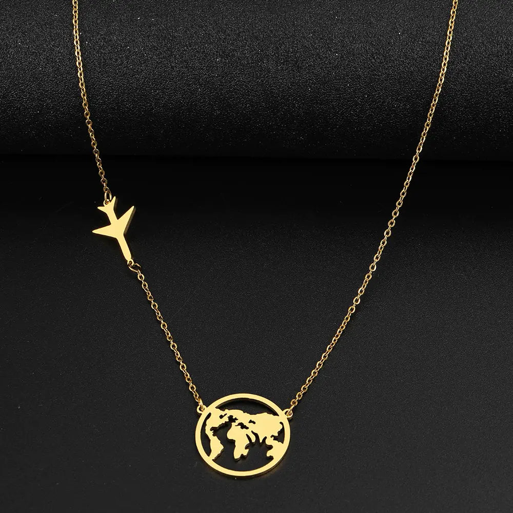 Stainless Steel Necklaces Airplane Globe Map Traveler Pendants