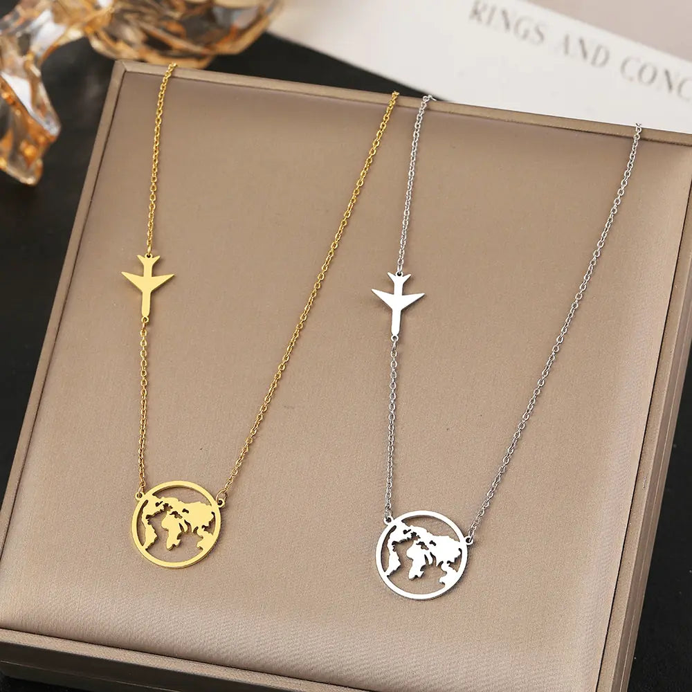 Stainless Steel Necklaces Airplane Globe Map Traveler Pendants