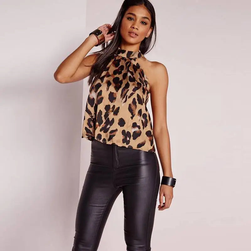 Summer Leopard Print Sleeveless Chiffon Top
