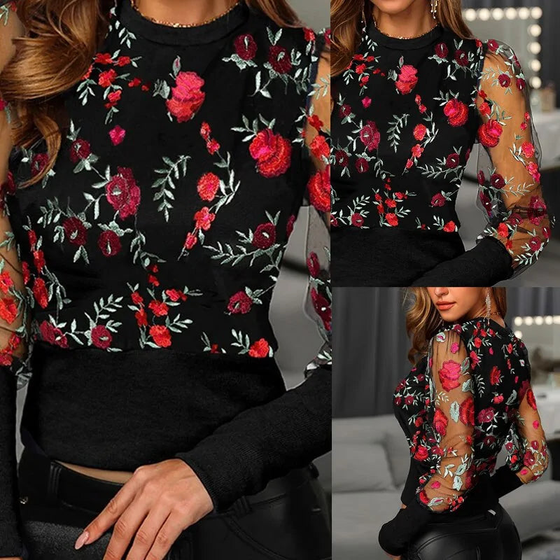 Chic Floral Mesh Embroidery Top - Slim Fit Long Sleeve