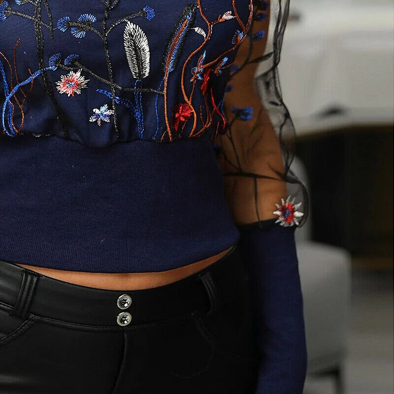 Chic Floral Mesh Embroidery Top - Slim Fit Long Sleeve