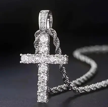 Twisted Chain Long Necklace with a Cubic Zirconia Cross Pendant-Cross Pendant Necklace