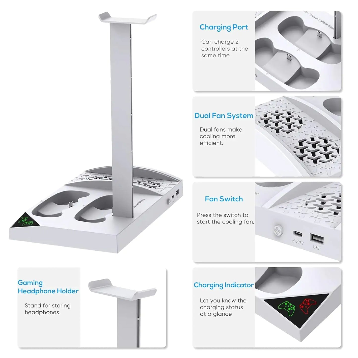 Charger Stand with Cooling Fan for Xbox Series S Console and Controller, Vertical Dual Charging Dock Accessories with 2 X 1400Mah Rechargeable Battery and Cover, Earphone Bracket for XSS