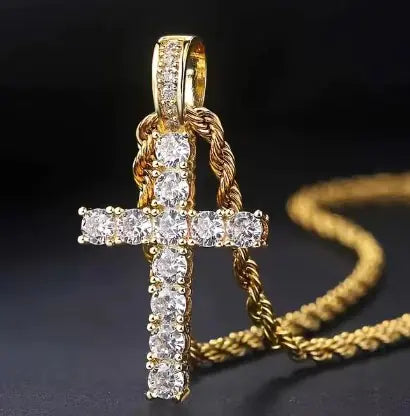 Twisted Chain Long Necklace with a Cubic Zirconia Cross Pendant-Cross Pendant Necklace