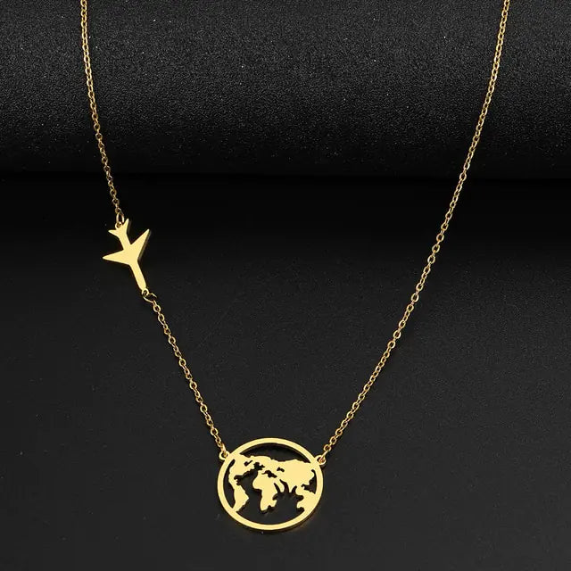 Stainless Steel Necklaces Airplane Globe Map Traveler Pendants