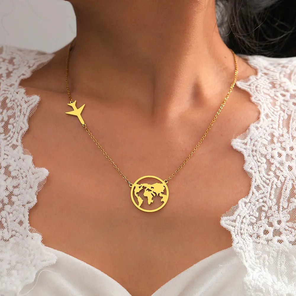 Stainless Steel Necklaces Airplane Globe Map Traveler Pendants