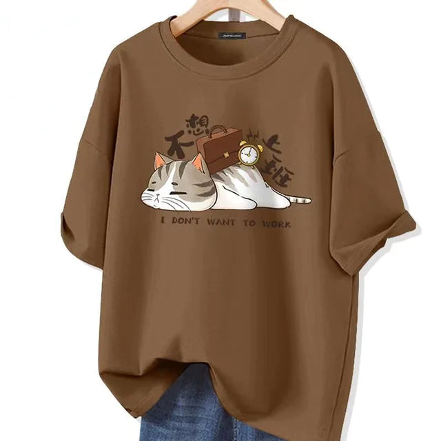 I Don't Want to Work Kawaii Cat Graphic Oversized Cotton T-Shirt for Summer