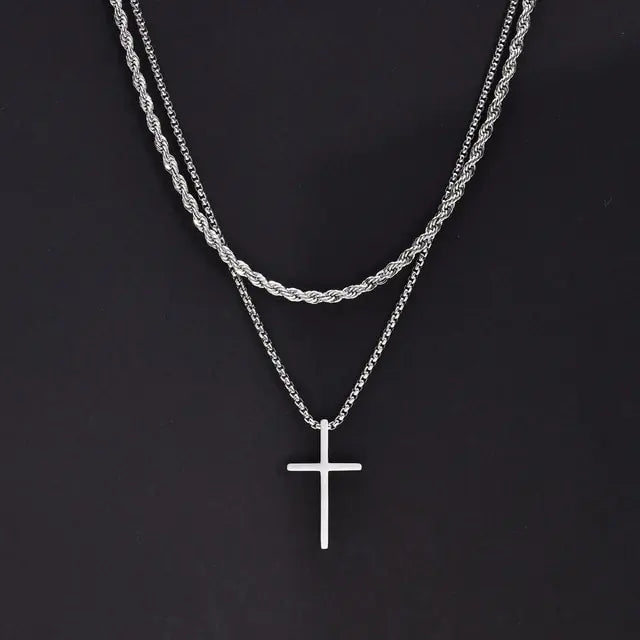 Layered Men's Cross Pendant Necklaces
