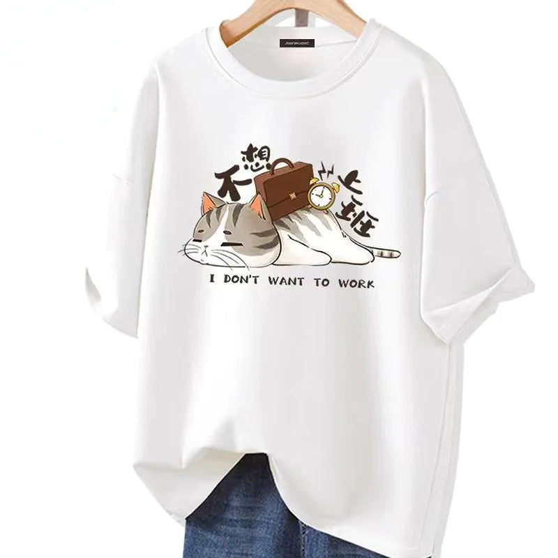 I Don't Want to Work Kawaii Cat Graphic Oversized Cotton T-Shirt for Summer