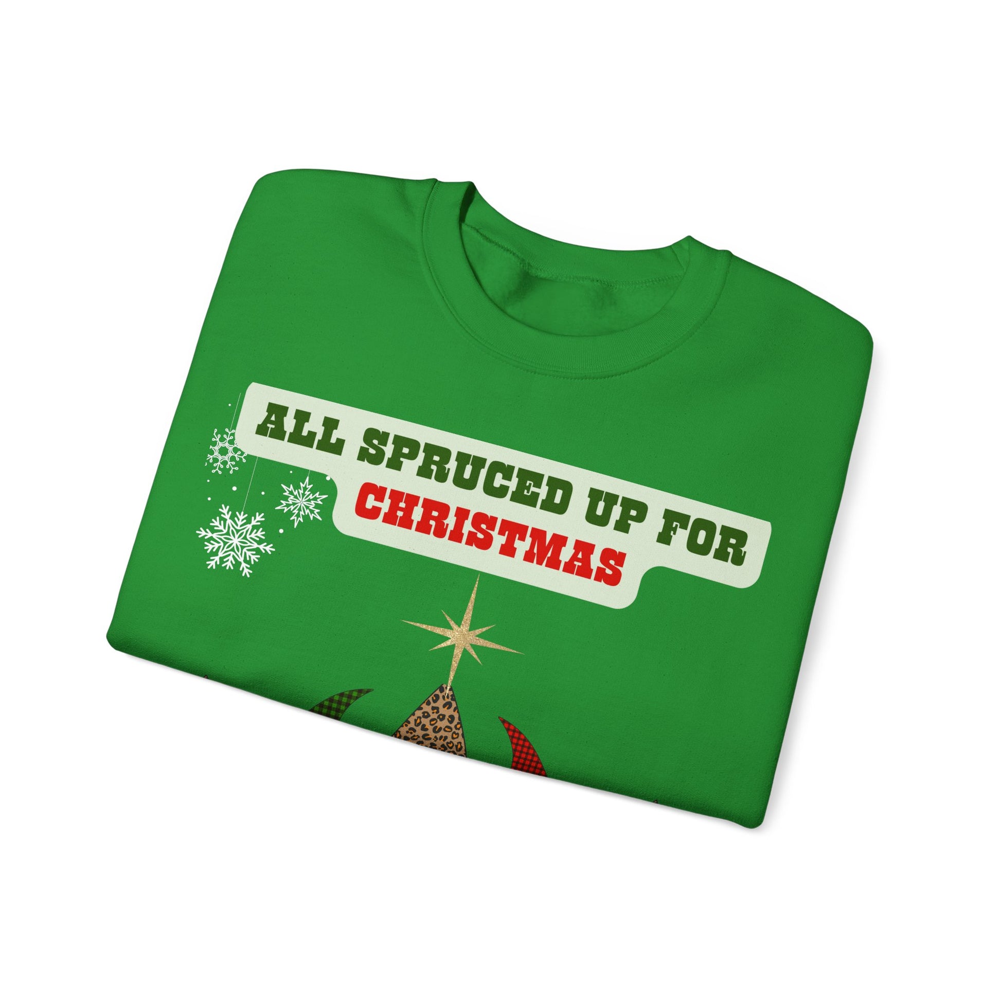 Green sweatshirt with Christmas-themed text and graphics on a white background