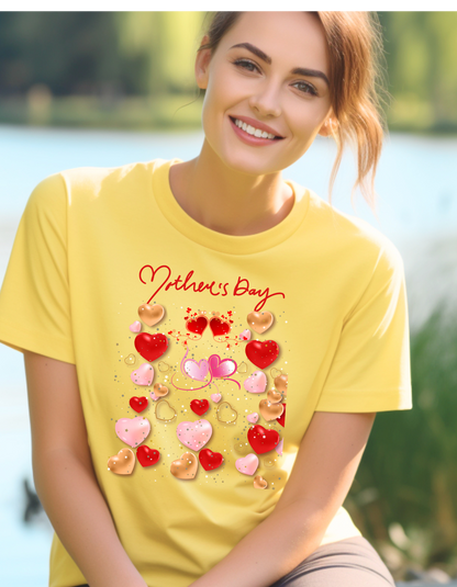 Celebrate Mother's Day in style with our adorable Mother's Day t-shirt! Featuring colorful hearts in different sizes, perfect gift for Mom.