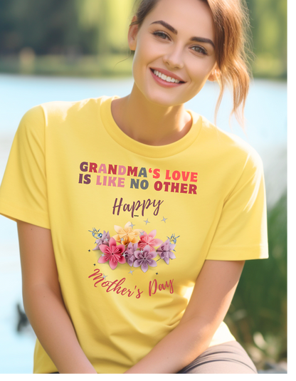 Looking for a heartfelt Mother's Day gift for Grandma? Our "Grandma's Love is like no other" t-shirt with a bouquet of flowers is perfect.