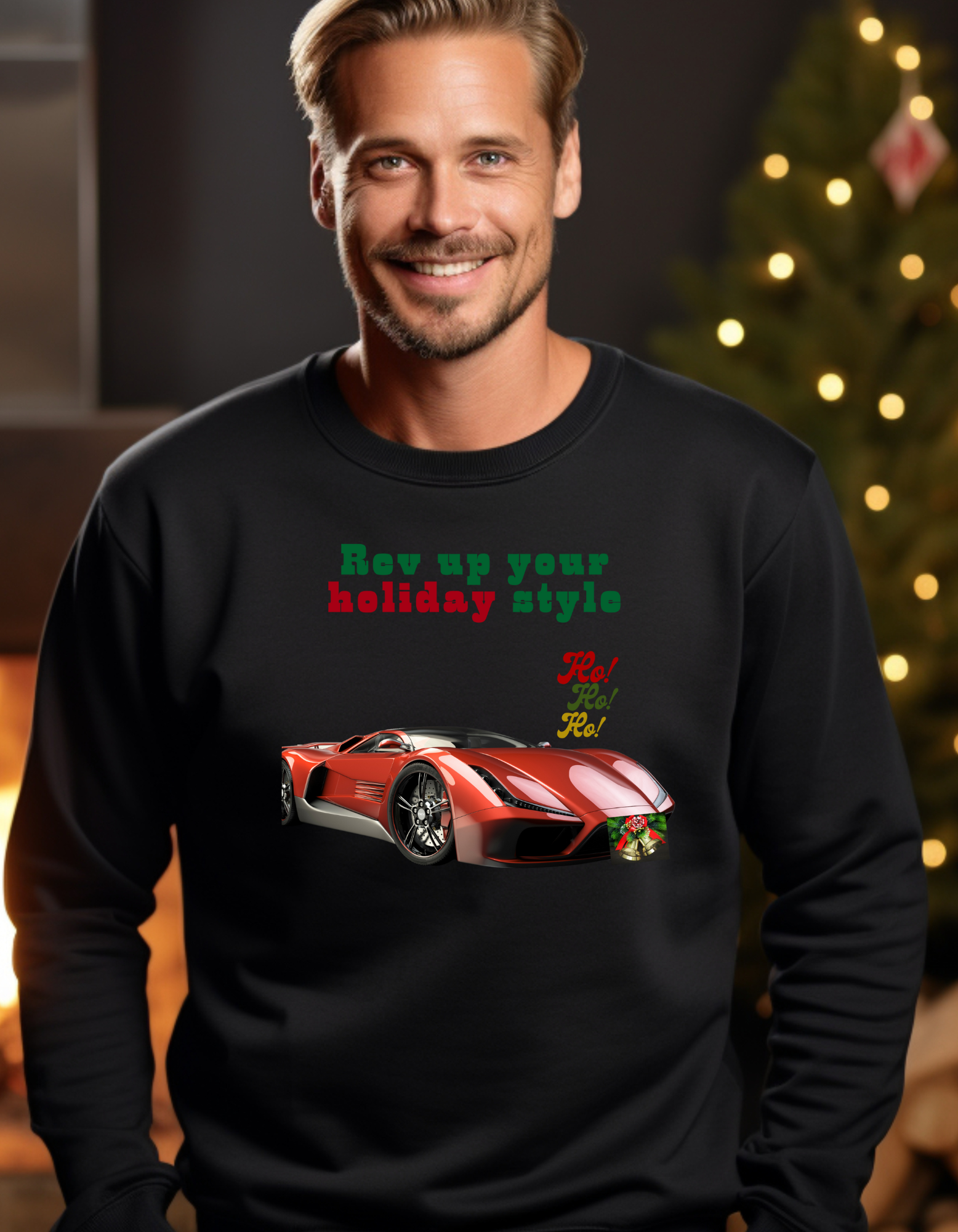 Man wearing a black sweatshirt with a red car graphic and text in front of a decorated Christmas tree.
