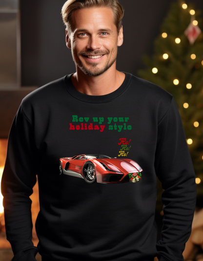 Man wearing a black sweatshirt with a red car graphic and text in front of a decorated Christmas tree.
