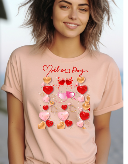Celebrate Mother's Day in style with our adorable Mother's Day t-shirt! Featuring colorful hearts in different sizes, perfect gift for Mom.
