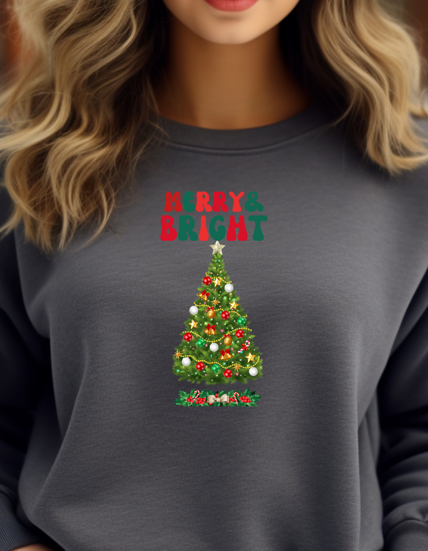 🎄 Product Title Merry and Bright – Elegant Christmas Tree Sweatshirt