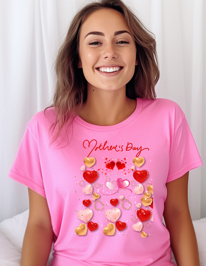 Celebrate Mother's Day in style with our adorable Mother's Day t-shirt! Featuring colorful hearts in different sizes, perfect gift for Mom.