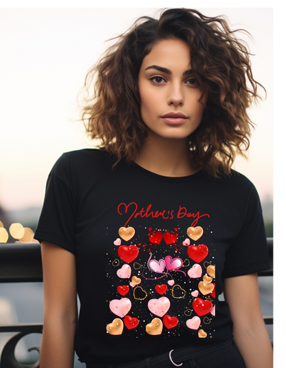 Celebrate Mother's Day in style with our adorable Mother's Day t-shirt! Featuring colorful hearts in different sizes, perfect gift for Mom.