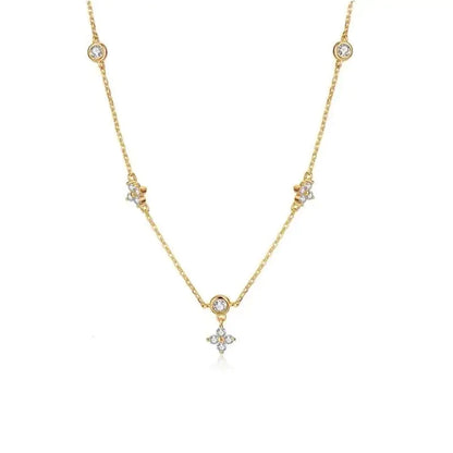 ANENJERY Inlaid Zircon Four-leaf Flower Chain Necklace for Women